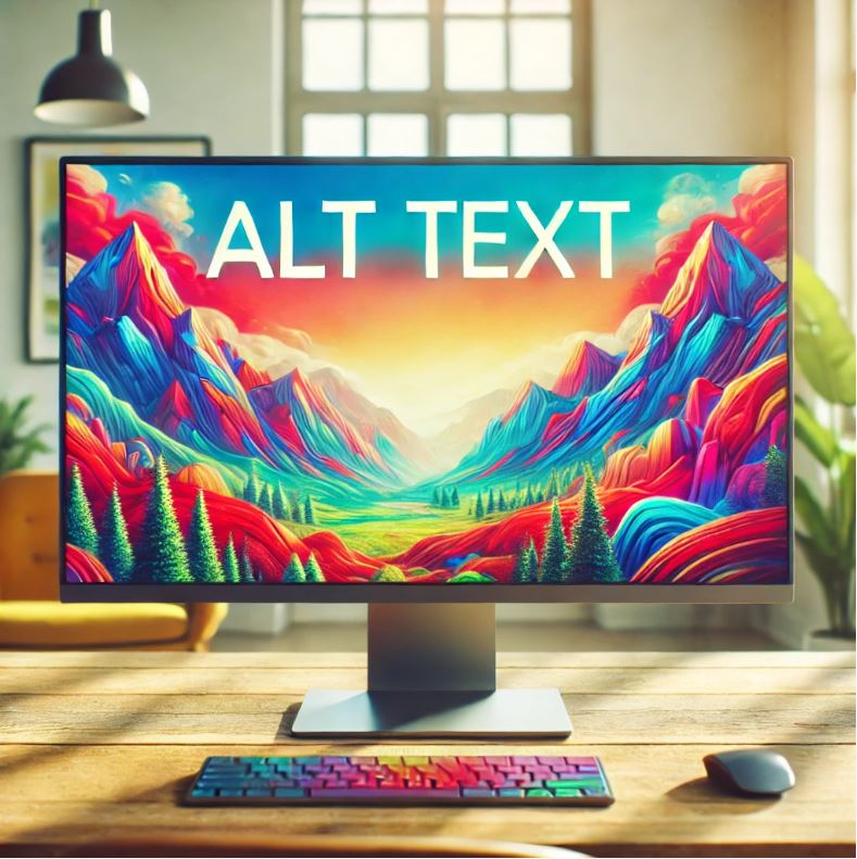 Computer screen displaying the words 'ALT TEXT' over a colorful landscape scene, illustrating the concept of alt text for images in blog post