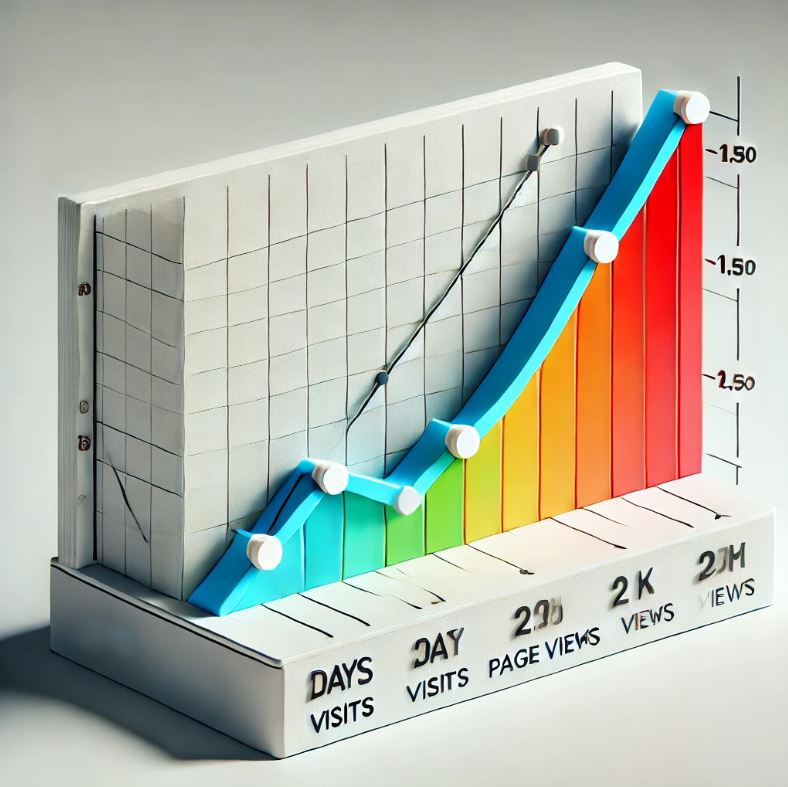 Colorful 3D graph showing increasing blog traffic metrics over time, illustrating page views and visits