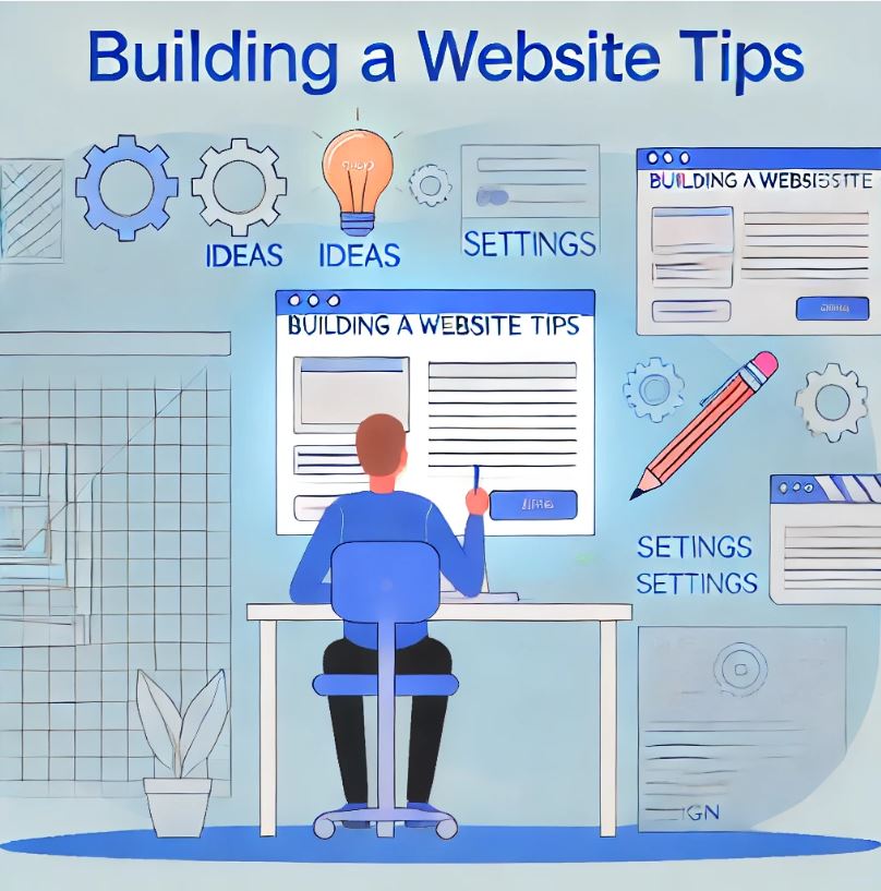 Illustration of a person working on a computer screen displaying 'Building a Website Tips,' surrounded by icons like gears, a lightbulb, and a pencil, symbolizing creative and technical advice for building websites