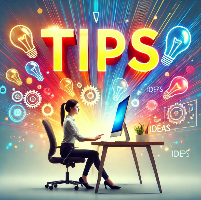 Illustration of a woman sitting at a desk in front of a computer, surrounded by vibrant lightbulbs and gears with the word 'Tips' floating above her head, symbolizing creativity, inspiration, and productivity