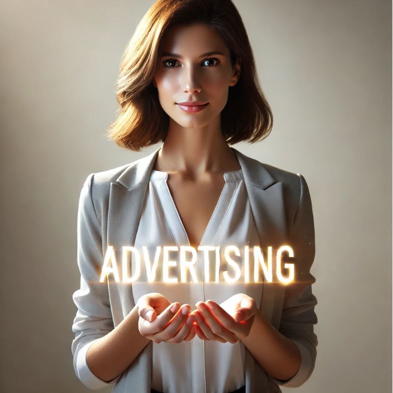 Professional woman holding the glowing word 'Advertising' in her hands, symbolizing digital marketing and website promotion concepts