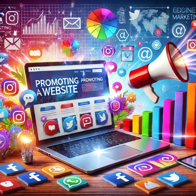 Colorful digital illustration of a laptop displaying 'Promoting a Website,' surrounded by social media icons, a megaphone, bar graphs, and marketing symbols, representing strategies for online website promotion