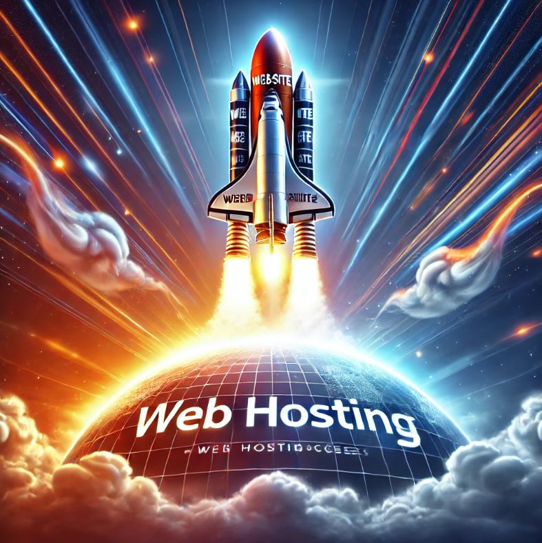 Illustration of a rocket launching into the sky with 'Website' displayed on the back and 'Web Hosting' written on the side, symbolizing the power of web hosting in driving a website's success, surrounded by flames and a dynamic sky