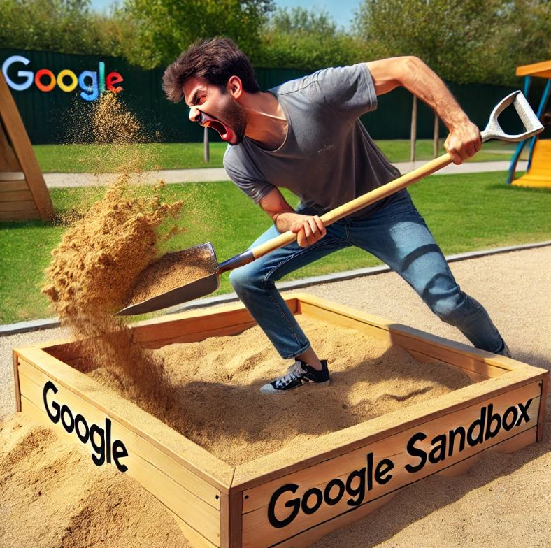 Man frantically shoveling sand out of a wooden sandbox labeled 'Google Sandbox,' symbolizing the challenge of overcoming search engine ranking hurdles, set in a bright outdoor park environment