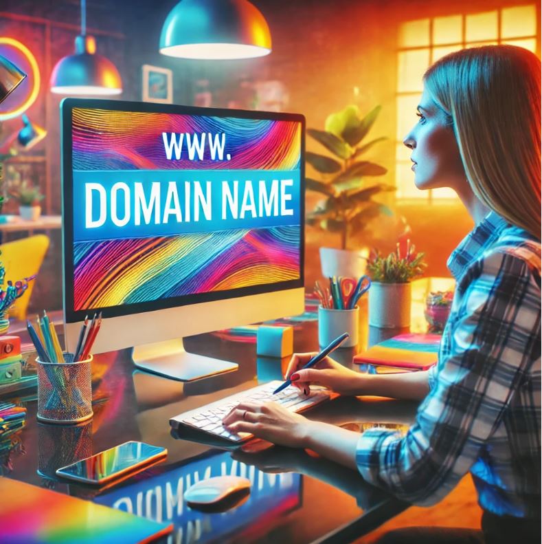Woman sitting at a colorful, modern desk, researching domain name options on a computer screen displaying 'www. DOMAIN NAME'