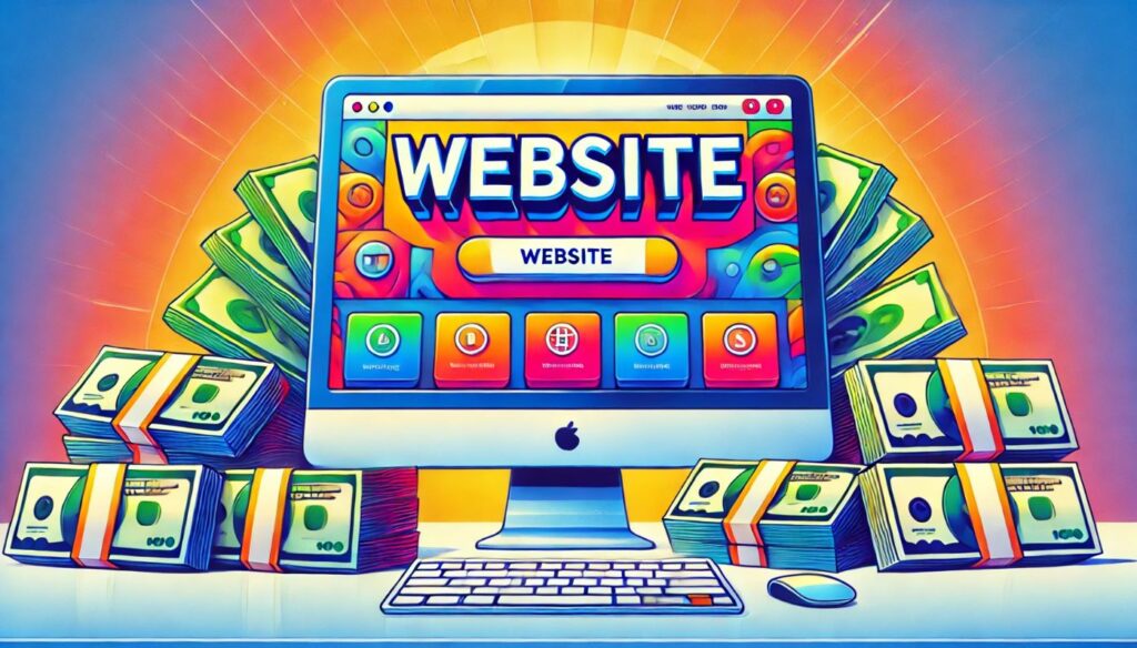 Colorful digital illustration of a PC screen displaying the word 'Website' with stacks of dollar bills on either side, symbolizing website monetization and online income growth
