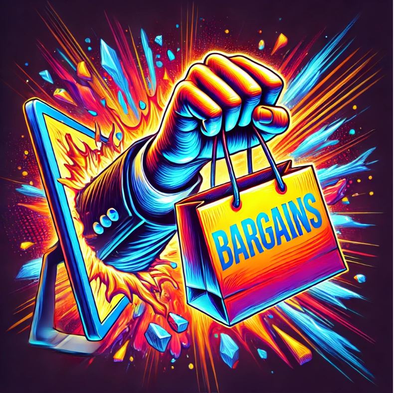 A dynamic and colorful digital illustration of a hand bursting out of a computer screen, holding a shopping bag labeled "Bargains," symbolizing online shopping, e-commerce deals, and digital retail experience