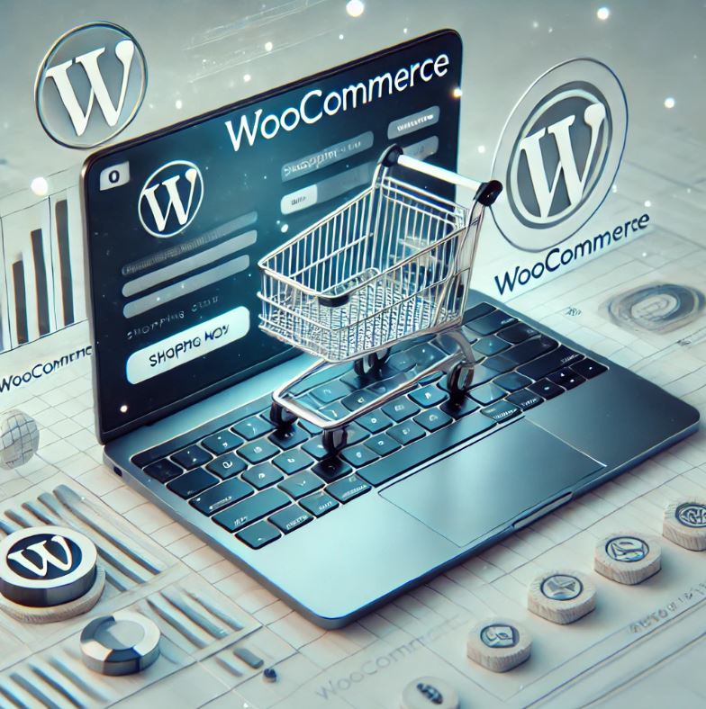 A sleek digital illustration of a WooCommerce online store interface displayed on a laptop screen, featuring a shopping cart on the keyboard, symbolizing e-commerce, digital sales, and WordPress-powered online stores