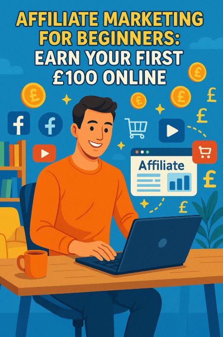 Illustration of a smiling man using a laptop surrounded by icons for social media, affiliate marketing, and pound symbols, with the text 'Affiliate Marketing for Beginners: Earn Your First £100 Online' — representing beginner-friendly online income strategies.