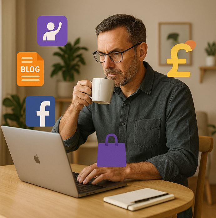 Middle-aged man working on a laptop in a cozy home office, surrounded by digital icons representing blogging, Facebook marketing, online business tools, and UK currency, symbolizing starting an online business with no money in 2025