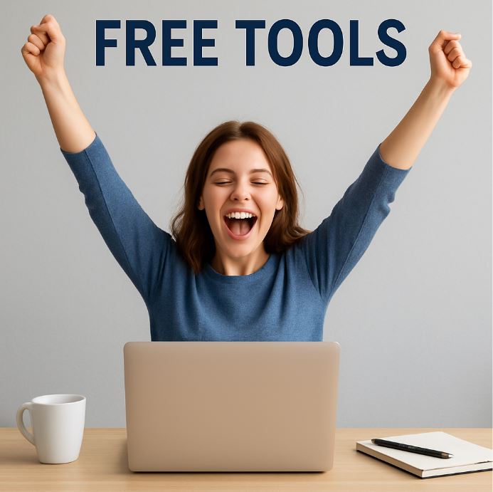 Excited young woman celebrating at her laptop with arms raised, seated at a desk with coffee and notebook, under bold text reading 'Free Tools' — symbolizing success using free online business tools